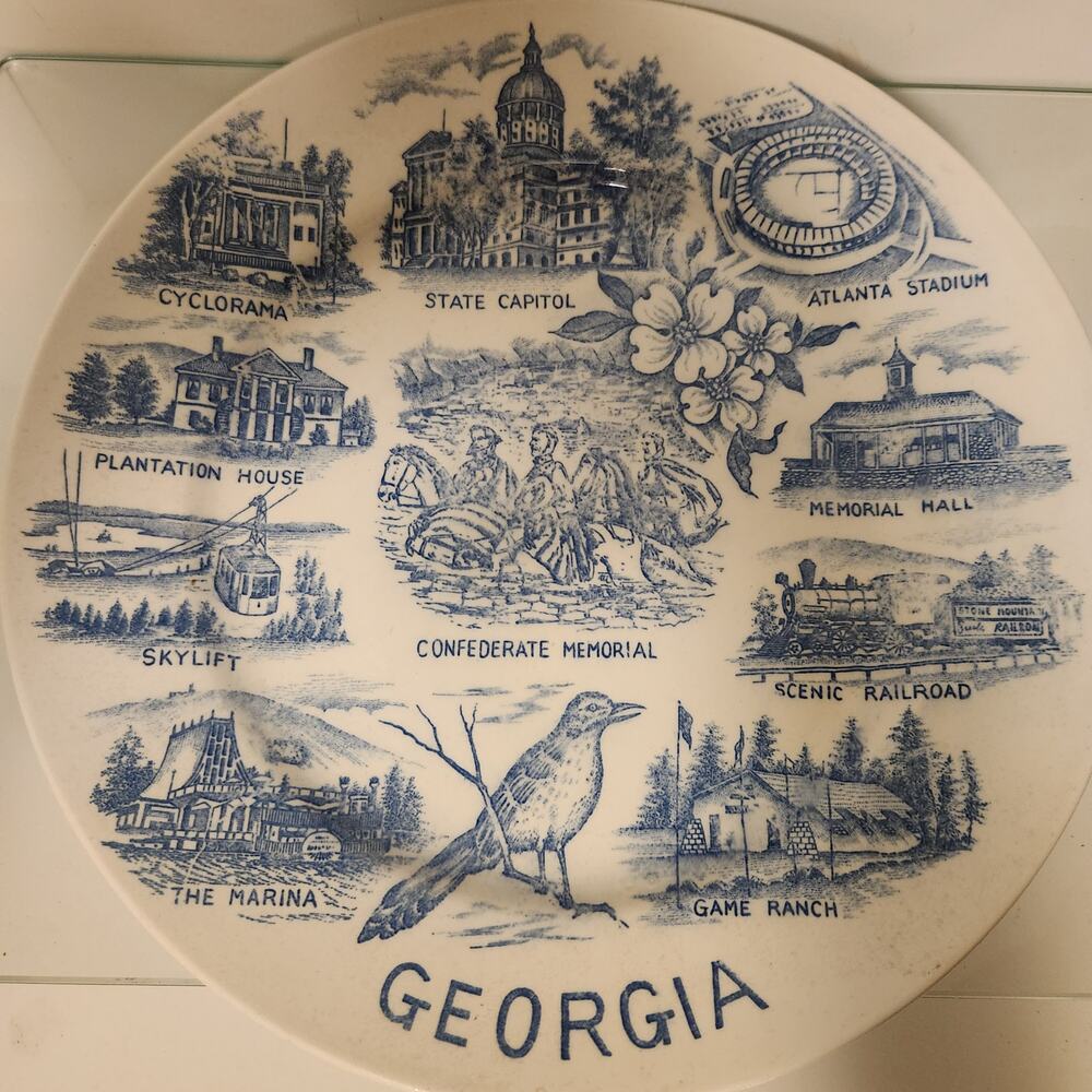 VTG 60's Transferware GEORGIA PLATE Blue White 10" Stone Mountain Railroad EXC